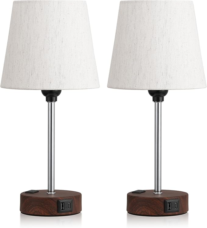 Acaxin Reddish Brown Bedside Lamps Set of 2 - Nightstand Bedroom Lamp with USB C Port and AC Outlet Charging, 3 Way Dimmable Touch Control Small Bed Side Table Lamp, Nightstand Light - Bloomnest