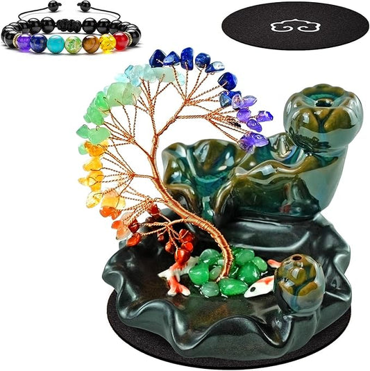 Backflow Incense Burner Ceramic Incense Waterfall Backflow Incense Holder 7 Chakras Gemstone Money Tree Crystal Tree Namaste Chakra Bracelet Cushion FengShui (Green) - Bloomnest