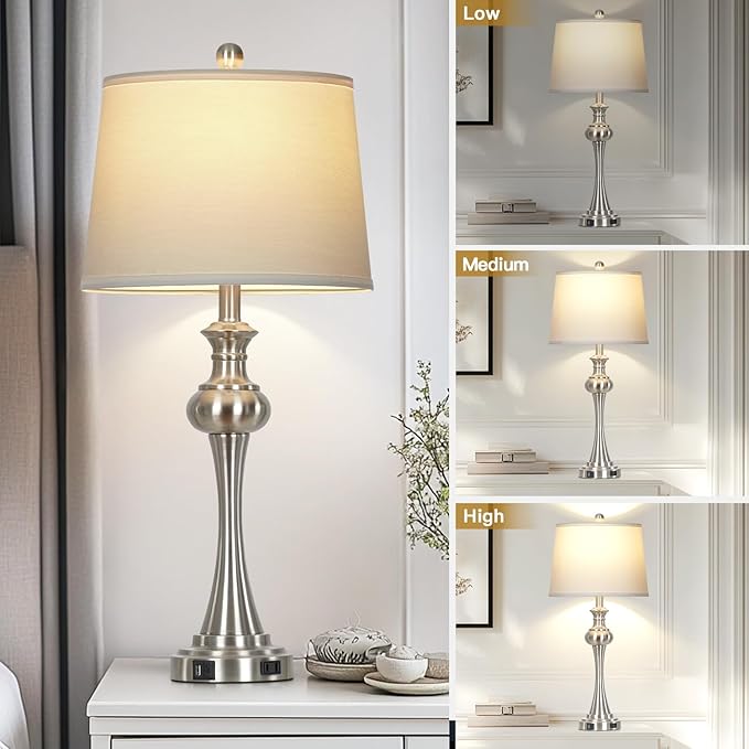28.75" Silver Table Lamps for Living Room,3 Way Touch Control Table Lamp, Bedside Desk Lamp with Metal Base Modern Nightstand Lamp Simple Side Table Lamp for Bedroom,Office,LED Bulb Included - Bloomnest