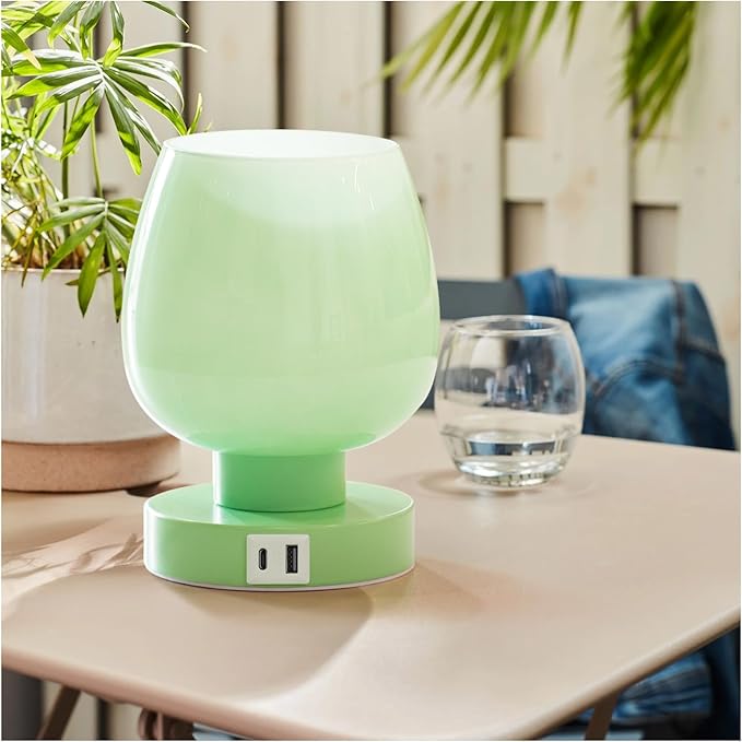 Touch Bedside Table Lamp with USB Charging - Modern Green Small Lamp for Bedroom Living Room Nightstand, Desk lamp with Glass Lamp Shade, Warm LED Bulb Included, 3 Way Dimmable, Simple Design - Bloomnest