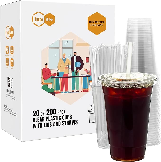 Turbo Bee 200 Sets 20 OZ Clear Plastic Cups with Lids and Straws, Disposable To Go Iced coffee cups with lids for Cold Drinks, Smoothie, and Slushie - Bloomnest