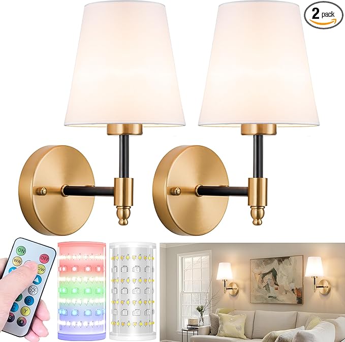 Battery Operated Wall Sconces Set of 2, Wireless Wall Light with 10000mAh RGB Dimmable Magnetic Bulb, Rechargeable Wall Sconce with Remote Control for Bedroom Living Room - Bloomnest