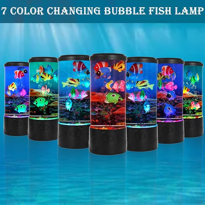 Toycol Bubble Fish Lamp, Ocean Theme Mini Aquaruim Light with 7-Color Changing, with 7 Fake Fish, USB Powered Night Light, Kids Room Decor, Great Gift for Children and Adults - Bloomnest