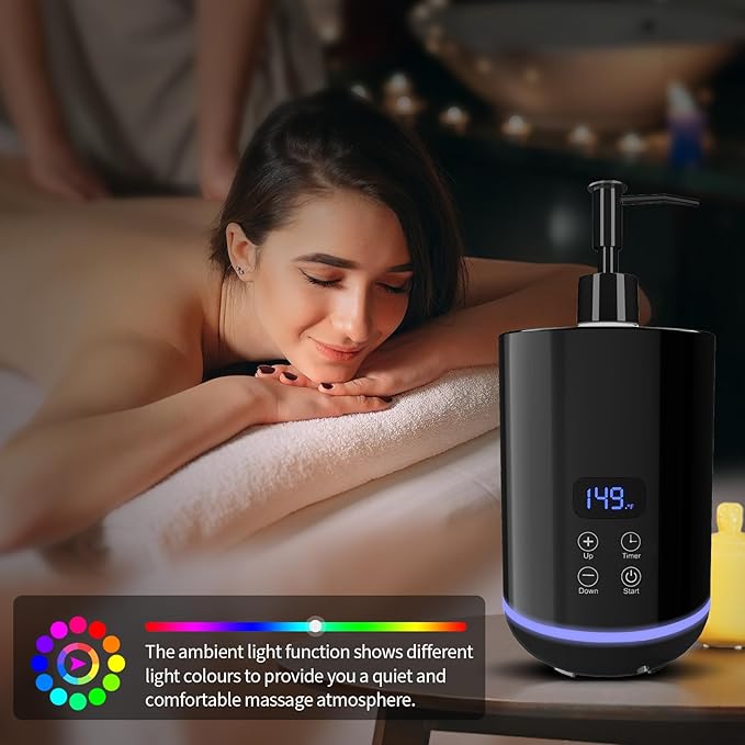 Lotion Warmer, Yofuly Massage Oil Bottle Digital Heater with Atmosphere Light, Portable Electric Cream Heated Dispenser Gua Sha Roller Kit for Spa, Salon and Home Use, Black - Bloomnest