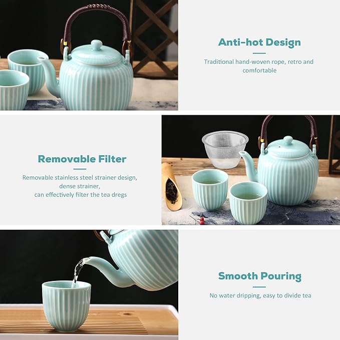 Dujust Japanese Tea Set, Cyan-blue Porcelain Tea Set with 1 Teapot Set, 6 Tea Cups, 1 Tea Tray, 1 Stainless Infuser, Asian Tea Sets for Adults/Tea Lover/Women/Men (Bamboo - Straight Grain Design) - Bloomnest