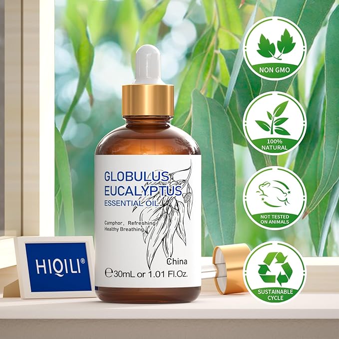 HIQILI Eucalyptus Essential Oil 1 Fl Oz, 100% Pure Natural Therapeutic Grade, Premium Grade Glass Dropper for Diffuser, Humidifier, Air Freshening, Cleaning, Home, Skin - Bloomnest