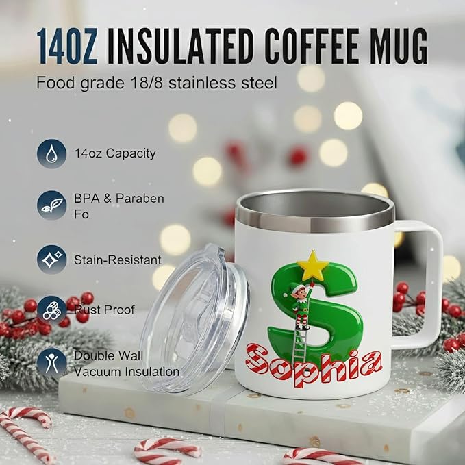 Personalized Christmas Insulated Coffee Mug with Handle – [H] Double Wall Stainless Steel Travel Tumbler for Hot & Cold Drinks – Unique Holiday Gift for Men, Women, & Kids (B124) - Bloomnest