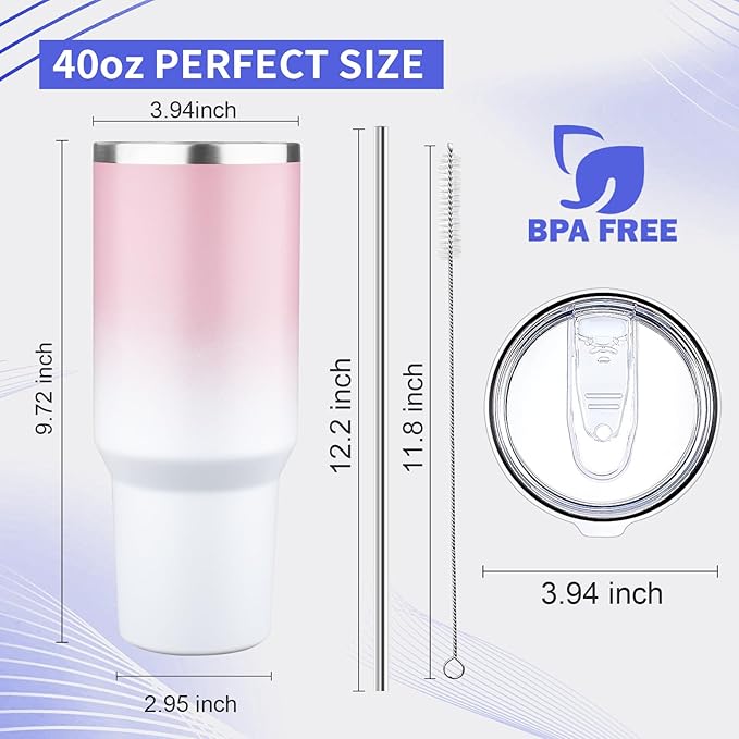 40 oz Tumbler with Lids and Straws Double Wall Vacuum Insulated Tumbler Cup,Stainless Steel Leak-proof Thermal Tumbler Powder Coated Travel Coffee Mug for Cold and Hot Drinks,Pink White - Bloomnest