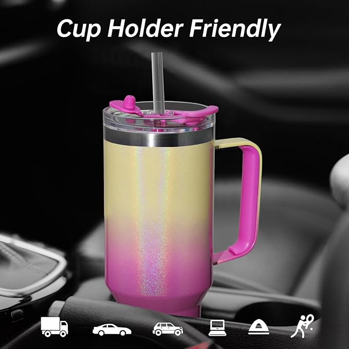 COKTIK 40 oz Tumbler With Handle and Straw Lid, Vacuum Insulated Travel Coffee Mug Stainless Steel Insulated Cup for Beverages, Leak-proof, Cupholder Friendly (Glitter Rainbow) - Bloomnest