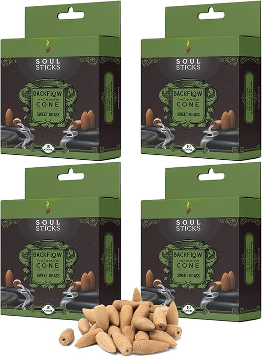 Soul Sticks Backflow Incense Cones – 40 PCS Organic Handmade Cones for Waterfall Burner | 4 Pack Long Lasting Aromatic Scents | Thick White Smoke Incense for Meditation, Spiritual Gift (Sweet Grass) SoulSticks