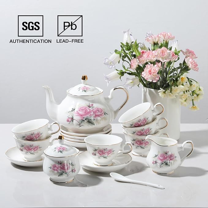 Sweejar Ceramic Teapot with Infuser, Floral Relief Gold Rimmed Teapot, 29 OZ Porcelain Tea Pot for Blooming and Loose Tea, Coffee...(Pink Flower) - Bloomnest