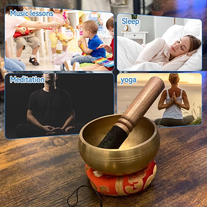 Tibetan Singing Bowl Set, Meditation Sound Bowl with Wooden Striker, Crystal Stones, Cushion, Bell for Yoga, Meditation & Relaxation, Stress Relief, Self-Regulation Yuqutum