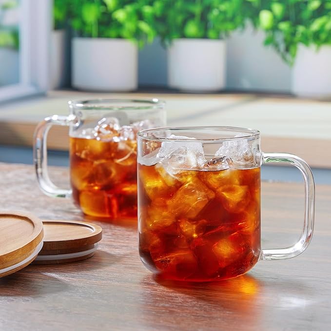 DRASTAR Glass Coffee Cups, 16 oz Coffee Mugs, Flat Bottomed Cups with Acacia Wood Lid, Glass Tea Cup with Handle, Clear Tea Cup Set of 2 - Bloomnest