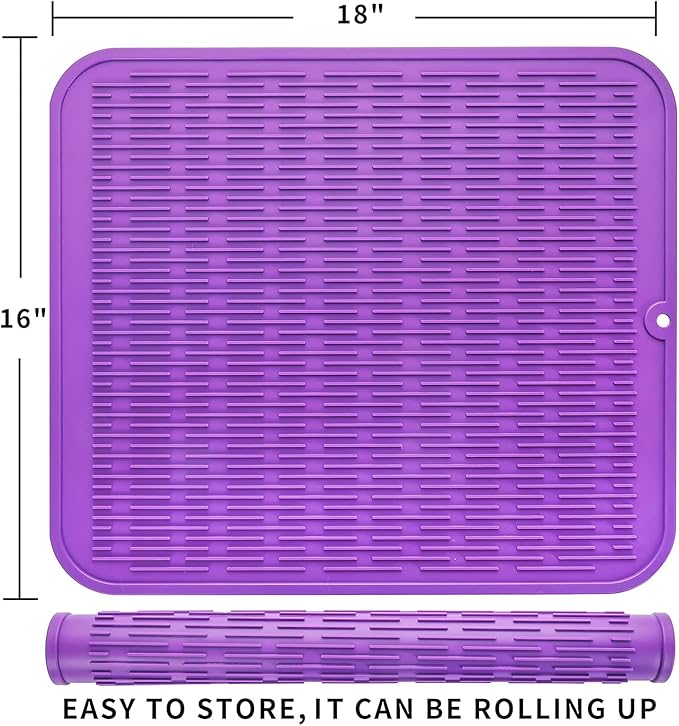 Silicone Dish Drying Mat for Multiple Usage,Easy clean,Eco-friendly,Heat-resistant Silicone Mat for Kitchen Counter or Sink,Refrigerator or Drawer Liner Purple XL 18 inches x 16 inches - Bloomnest