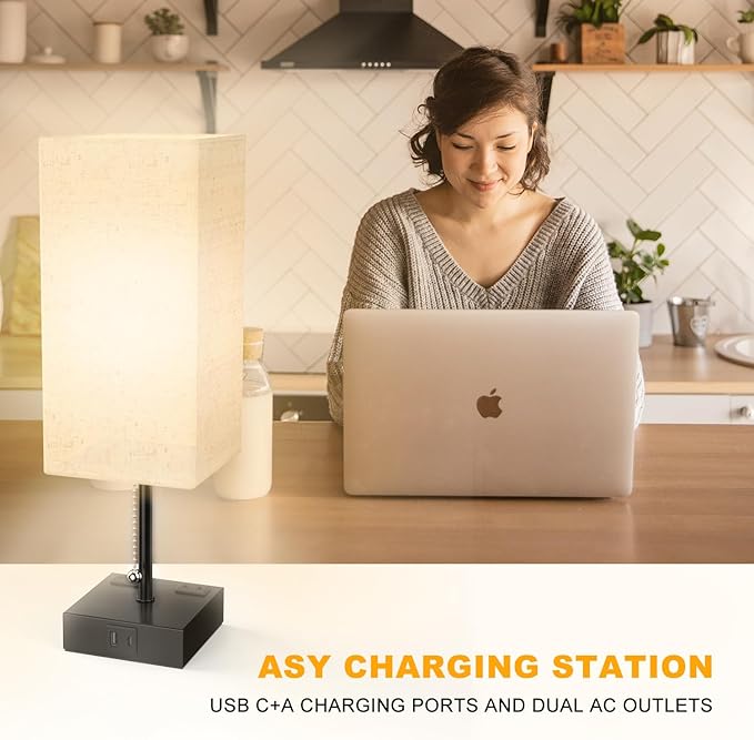 Table Lamp for Bedroom with USB,Bedside Lamp with USB C+A Charging Ports,Adjustable 3color LED Light for Home Decor/Nightstand/Office,Included Bulb and Fabric Lamp Shade (Linen White, 1PCS) - Bloomnest