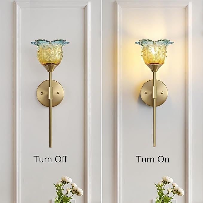 2 Pack Gold Wall Sconce with Modern Flower Glass Shades, Modern Mid Century Bathroom Vanity Wall Light Fixtures, Industrial Brushed Brass Wall Lamp, for Bedroom Mirror Living Room, ETL Listed - Bloomnest