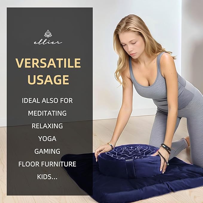 Zafu & Zabuton Meditation Cushion Set - Buckwheat Hull & Memory Foam Pillows, Ergonomic Support for Yoga, Mindfulness - Organic Velvet Cover, Large Size, Durable Comfort (Dark Blue) - Bloomnest
