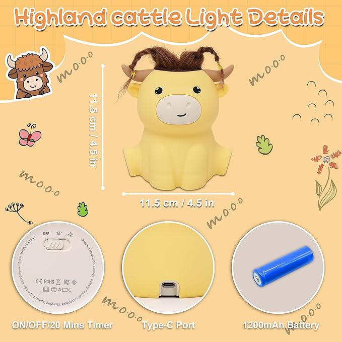 Highland Cow Night Light, Fluffy Cow Squisy Lamp for Kids, Soft Silicone Animal Nightlamp with 2 Levels Dimmable & 20 Mins Timer, Rechargeable LED Light Gifts for Baby Boys Girls - Bloomnest