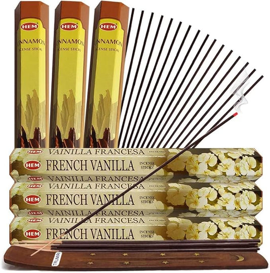French Vanilla Incense Sticks and Cinnamon Incense Sticks with Incense Holder Bundle for Home Fragrance and Spiritual Décor