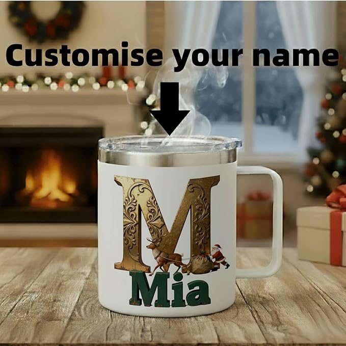 Personalized Christmas Insulated Coffee Mug with Handle, Custom Initial Name, Reindeer Santa Design, Stainless Steel Tumbler for Hot & Cold Drinks, Unique Holiday Gift for Men, Women, Kids (B126) - Bloomnest