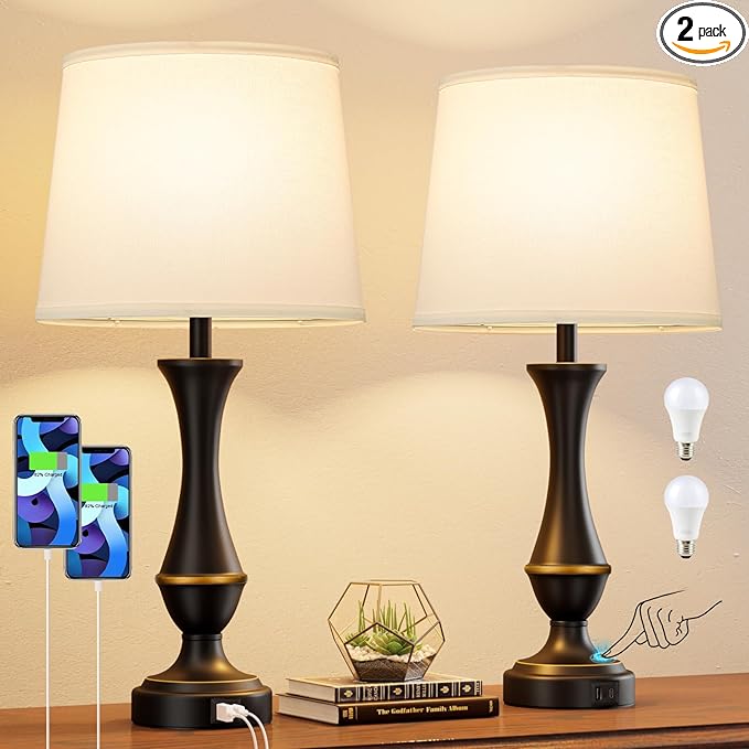 Seealle Upgraded Touch Lamps for Bedrooms Set of 2 - Nightstand Table Lamp with USB C+A, 3 Way Dimmable Lamps for Living Room, Office(White) - Bloomnest