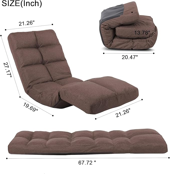 Floor Chair with Footrest Adjustable Backrest with 14 Positions Footrest 5-Position Adjustment Foldable Floor Gaming Chair for Easy Storage Linen Fabirc Chaise Lounge 086 (Brown)