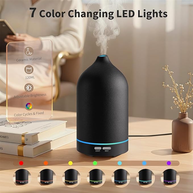 URPOWER 120ML Essential Oil Diffuser, Ultrasonic Aromatherapy Diffuser with Sleek Black Ceramic Design, 7-Color LED Lights, Auto Shut-Off, Humidifier for Home & Office, Scent Diffuser for Relaxation - Bloomnest