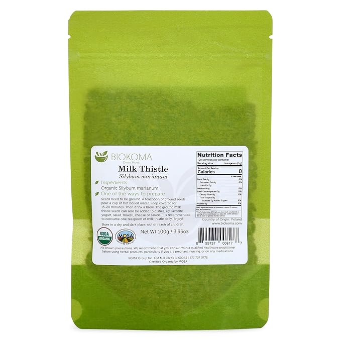 Biokoma Pure and Organic Milk Thistle Whole Seeds 100g (3.55oz) in Resealable Moisture Proof Pouch, USDA Certified Organic - Herbal Tea, No Additives, No Preservatives, No GMO, Kosher - Bloomnest