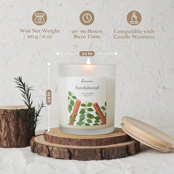 Sandalwood Scented Candle, 11oz 60 Hour Burn, Natural Soy Wax with Thick Cotton Wick, Highly Scented Aromatherapy Candle for Stress Relief & Meditation, Gifts for Women & Men - Bloomnest