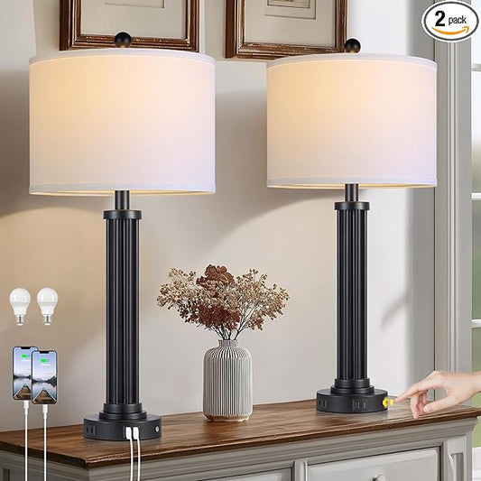 28" Tall Modern Table Lamps Set of 2 with USB C+A Ports and AC Outlet, 3 Way Touch Metal Bedside Lamps for Living Room, Black Nightstand Lamps for Bedroom - Bloomnest