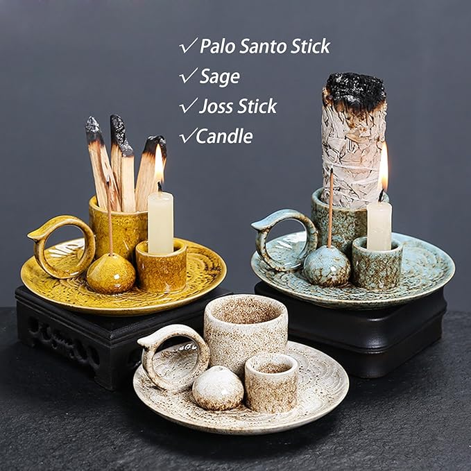 4 in 1 Ceramic Incense Burner Holder with Handle for Burning Sage, Palo Santo Stick, Joss Sticks, Candle in Your New House, Office, Yoga, Meditation Room - Bloomnest