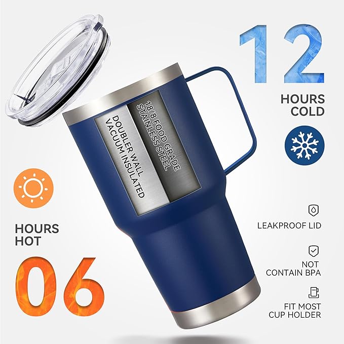 30 oz Tumbler with Handle and Lid, Stainless Steel Tumblers Double Wall Vacuum Insulated Travel Mug Leak Proof Cup Keep Drinks Cold and Hot Navy, 1 Pack - Bloomnest