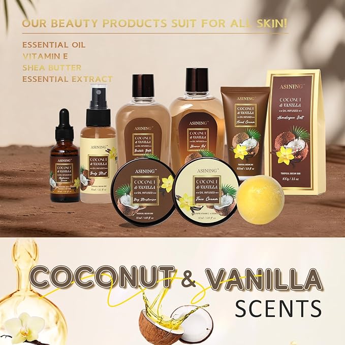 Spa Basket for Women, Coconut Vanilla Bath & Body Set, Christmas & Birthday Gift, Unique Gift with Bath Bombs, Body Lotion, Spa Bath Sets for men Gift Home Spa Set Luxurious Bath Gift & More - Bloomnest