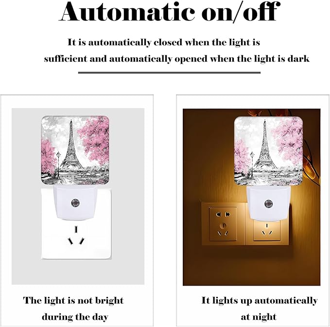 Cherry Blossoms and Eiffel Tower Night Light,Plug Into Wall Decor for Stairway,Hallway,Kitchen,Dusk to Dawn Sensor Nightlights for Boys/Girls/Women/Men Room Gifts - Bloomnest
