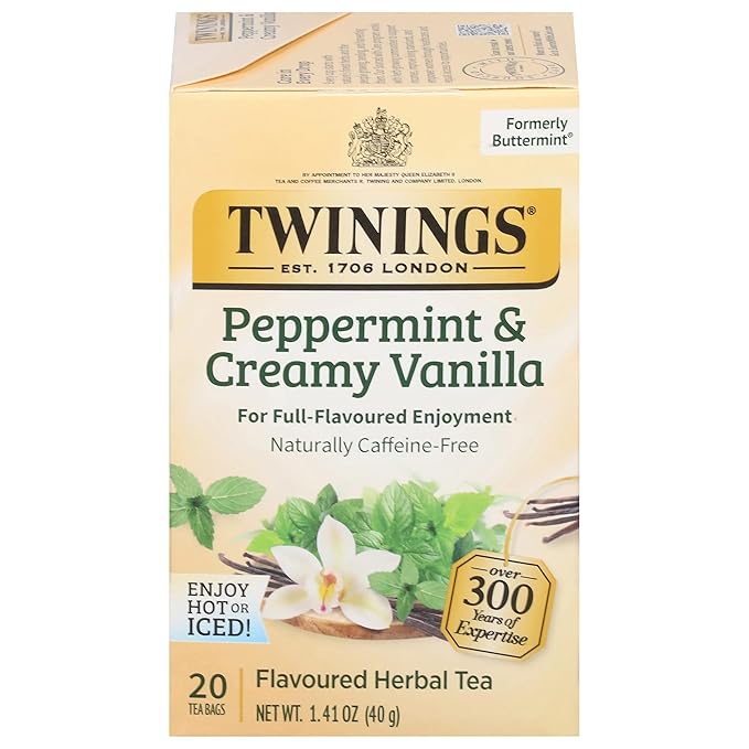 Twinings Peppermint & Creamy Vanilla Tea - A Crisp, Balanced Herbal Tea, Formerly Buttermint, Naturally Caffeine-Free Tea Bags, Individually Wrapped, 20 Count - Bloomnest