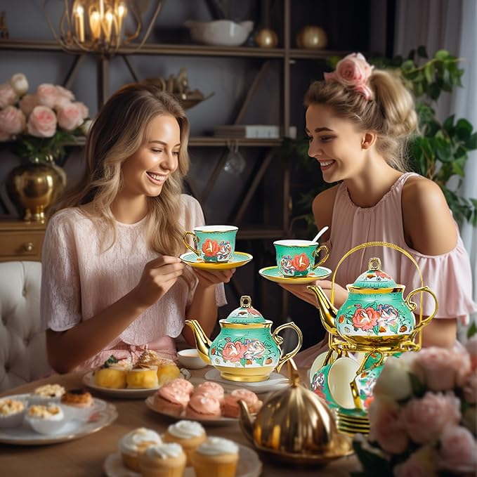 20 Pieces Porcelain Tea Set With Metal Holder, European Ceramic tea set for adults,Flower Tea Set,Tea Set For Women With Flower Painting (Large version, Green) - Bloomnest