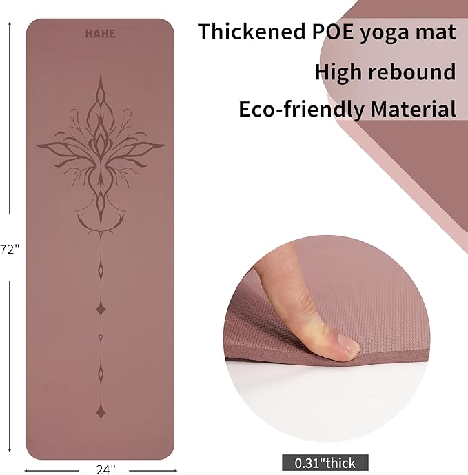 HAHE Yoga Mat Thick (8MM,1/3"), Eco-Friendly POE Non Slip Yoga Mat, High Rebound & Shock Absorption, Anti-Tear & Sweat-Resistant for Yoga, Fitness, Home, Workouts, Large Pilates Mats 72"x24" with Carrying Strap - Bloomnest