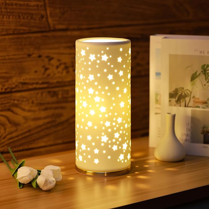 Small Modern Ceramics Bedside Table Lamp, 4.5 x 4.5 x 11 Inch White Starlight Style Nightstand Lamps, Side Table Lamps for Bedroom Living Room Entryway Table Light