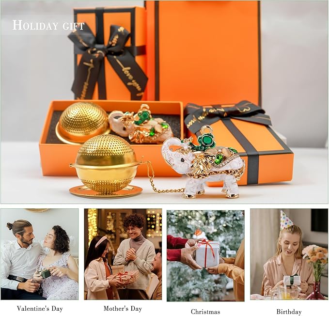 Stainless Steel Metal Tea Ball, 1.37-inch Tea Strainer, Crystal Diamond Elephant Tea Infuser for Loose Leaf Tea Festival Gifting and Personal Use, Gift Box Packaging（White）