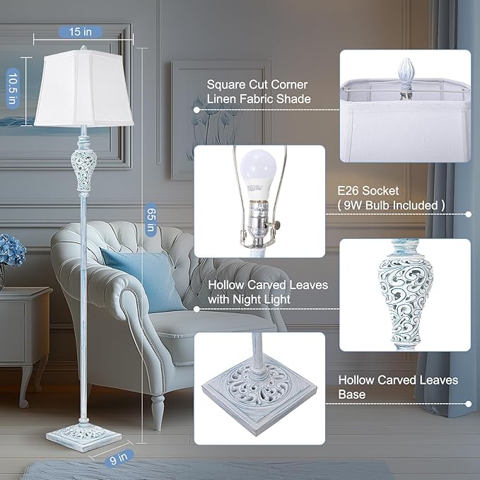 Vintage Floor Lamp with Nightlight, 65" Retro Standing Lamp with White Linen Shade, Washed Blue Finish Farmhouse Style Design Tall Lamp Decor for Living Room Bedroom Study Home Corner (Bulb Included) - Bloomnest