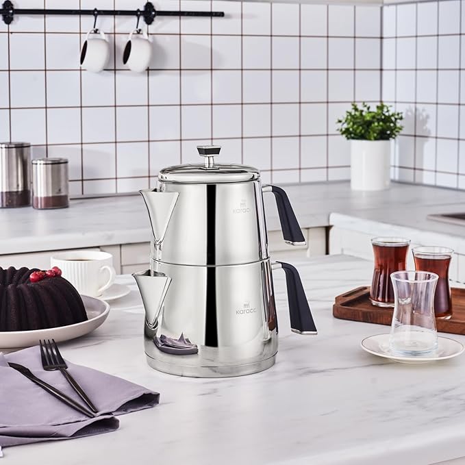Karaca Fiona Stainless Steel Turkish Teapot Set XL, 1L Tea Pot & 2L Water Tank (Kettle), Stove Top/Induction Compatible, Elegant Silver Design, Easy to Clean, Non-Flammable Handles - Bloomnest