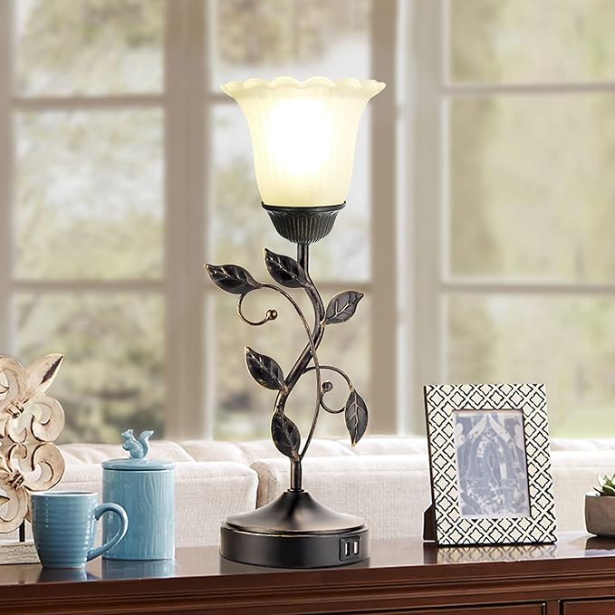 RORIANO Touch Bedside Lamp with 2 USB Charging Ports, 3-Way Dimmable Nightstand Lamps, White Glass Shade Vintage Rural Leaf Lamp for Living Room Tabletop Bedroom Side Table, LED Bulb Included - Bloomnest