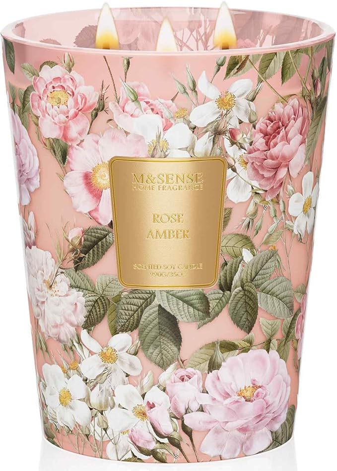 M&SENSE Extra Large Candle Rose Amber Scented, 3-Wick 35oz 150H Long Lasting, Natural Soy Wax Aromatherapy Candle for Stress Relief, Home Fragrance Housewarming Gifts Candle for Home Decor - Bloomnest
