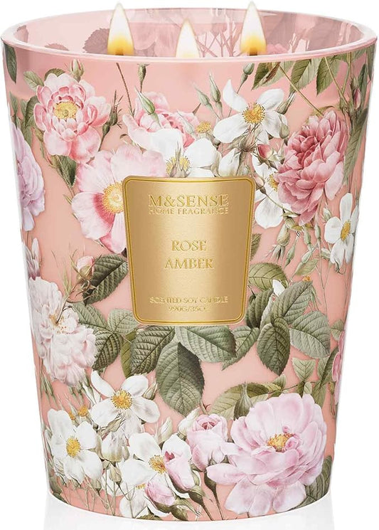 M&SENSE Extra Large Candle Rose Amber Scented, 3-Wick 35oz 150H Long Lasting, Natural Soy Wax Aromatherapy Candle for Stress Relief, Home Fragrance Housewarming Gifts Candle for Home Decor - Bloomnest