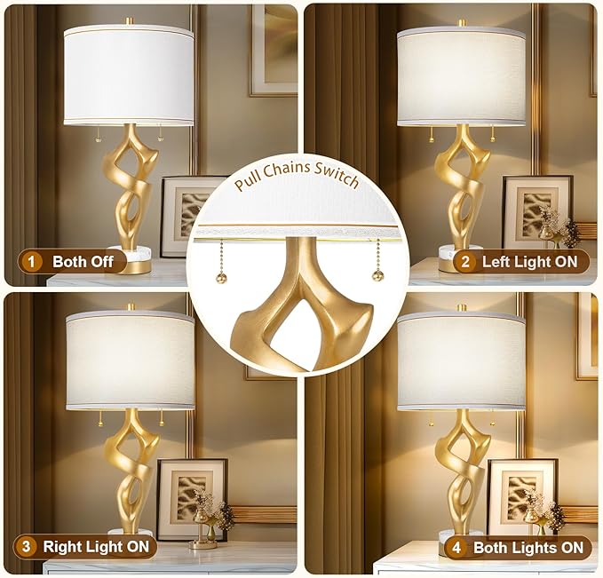 Scenekoy Sculptural Table lamp Set of 2 for Living Room with Marble Base & USB Ports, Gold Leaf Finish Rustic Bedside Lamps with S Cluster Pull Chains Switch, Nightstand Lamp for Office Hotel Bar - Bloomnest