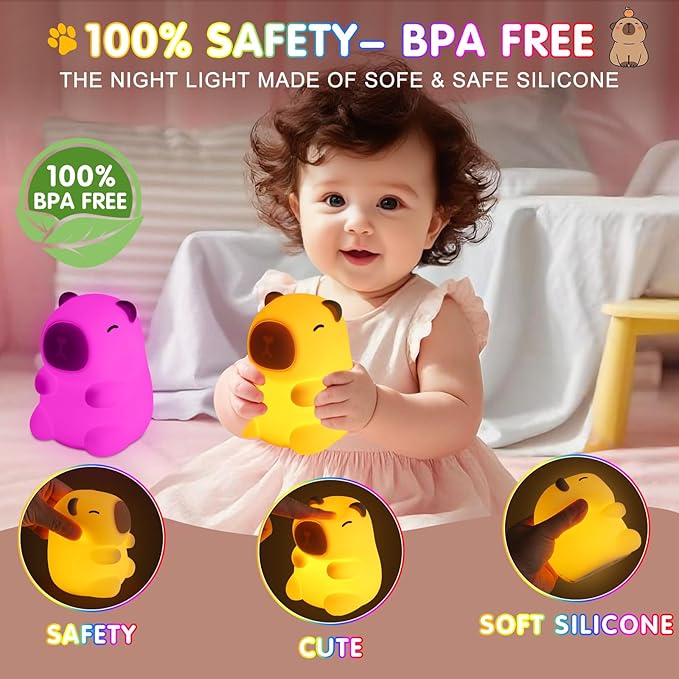 Night Light for Kids, 7 Color Changing BPA-Free Silicone Lamp with Touch Control, Eye Protection, Rechargeable Battery, Soft & Safe Nursery Lamp for Boys & Girls (Turtle Backpack Capybara) - Bloomnest