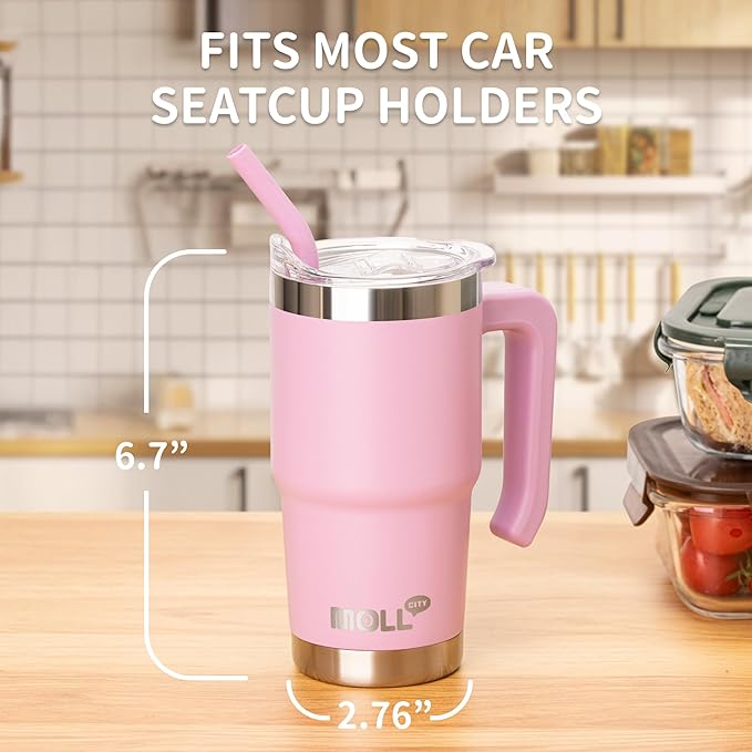 Insulated Tumbler with Handle 16 oz Stainless Steel Double Wall Vacuum Tumbler Cups Travel Coffee Mug with Lid and Straw (Purple Pink) - Bloomnest