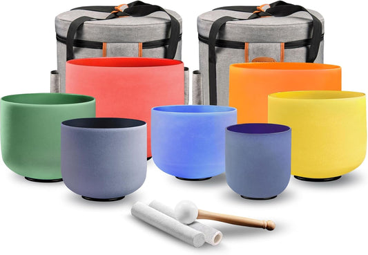 RYAN DVAN 432 hz 7-12 Inch Set of 7 Colored Frosted Quartz Crystal Singing Bowl with Free 2 pcs Carrying Cases