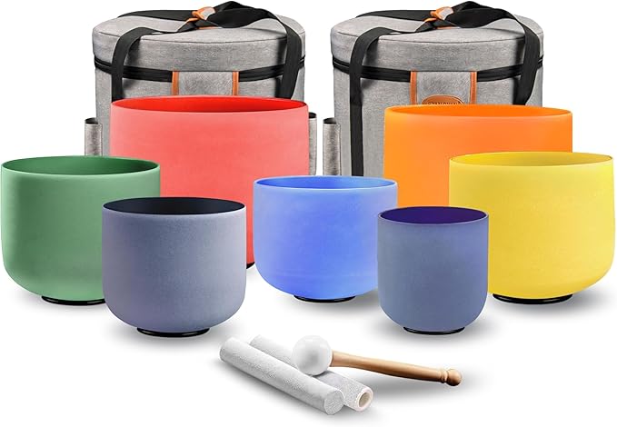 RYAN DVAN 432 hz 7-12 Inch Set of 7 Colored Frosted Quartz Crystal Singing Bowl with Free 2 pcs Carrying Cases - Bloomnest