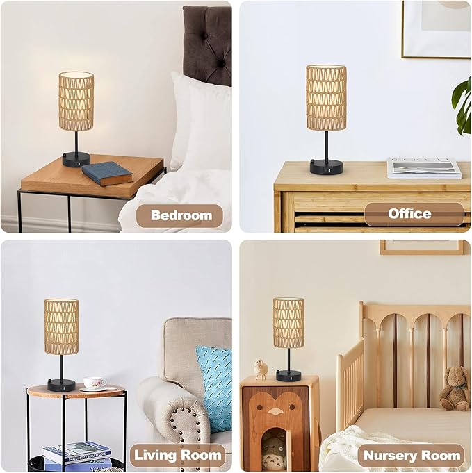 Touch Table Lamp Set of 2 For Bedroom with Bulb, Boho Small Desk Lamp For Living Room With Rattan & Linen Shade, 3 Way Dimmable Bedside Table Lamp For Nightstand With USB Charging Port & Phone Stand - Bloomnest